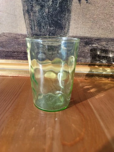 Vintage Uranium Glass Dimple Tumbler Green Depression Era UV Glow 4.75”