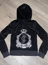 Vintage Juicy Couture Y2K Size M Glam Velour Black Zip Up Embroidered Hoodie