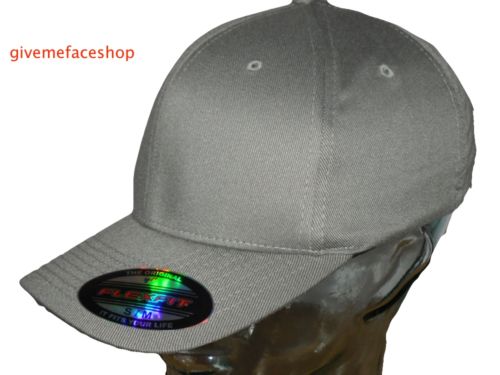 FLEXFIT PLAIN FITTED CAPS HATS, GREY 