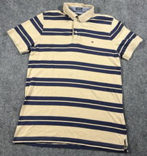 Tommy Hilfiger Polo Shirt Mens Medium Custom Fit Short Sleebe Tan Beige Striped