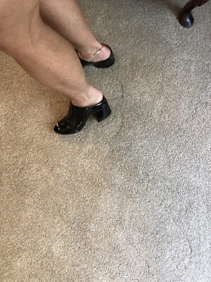 靴 MM6 18SS/BLACK PATENT FLARE HEEL MULES Maison Margiela MM6 Black Patent Leather Peep Toe Mules