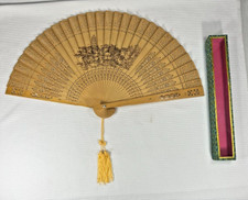 Vintage Wooden Folding Hand Fan   Carved Oriental Openwork Design 16" x 9"
