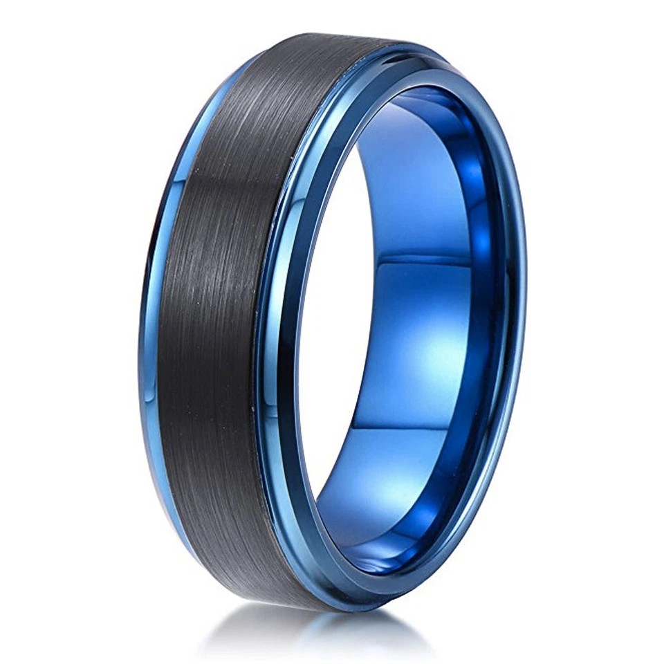 Ebay Wedding Rings For Men. 8mm Black Matte Tungsten Wedding Band w/ Blue Inlay - Image 3 of 4