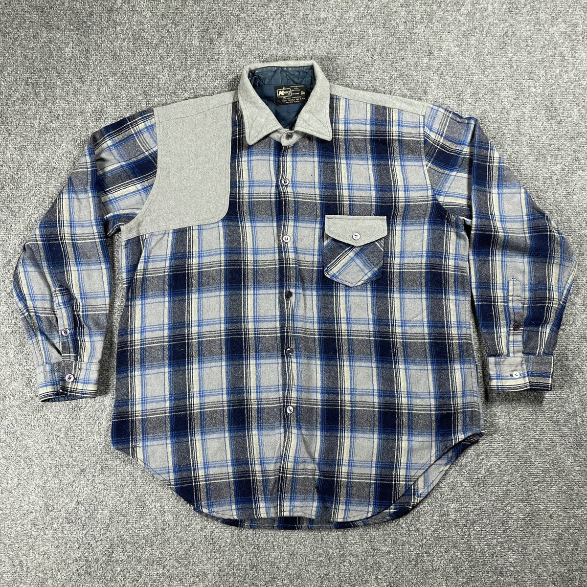 VINTAGE Kmart Flannel Shirt Mens XL Blue Plaid Wool 2 Tone 