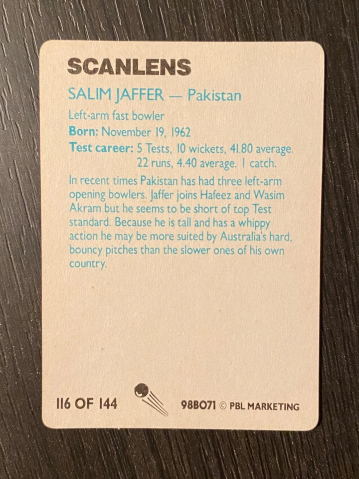 1988/89 Stimoral Scanlens Cricket #116 Salim Jaffer Pakistan - image 2 of 2