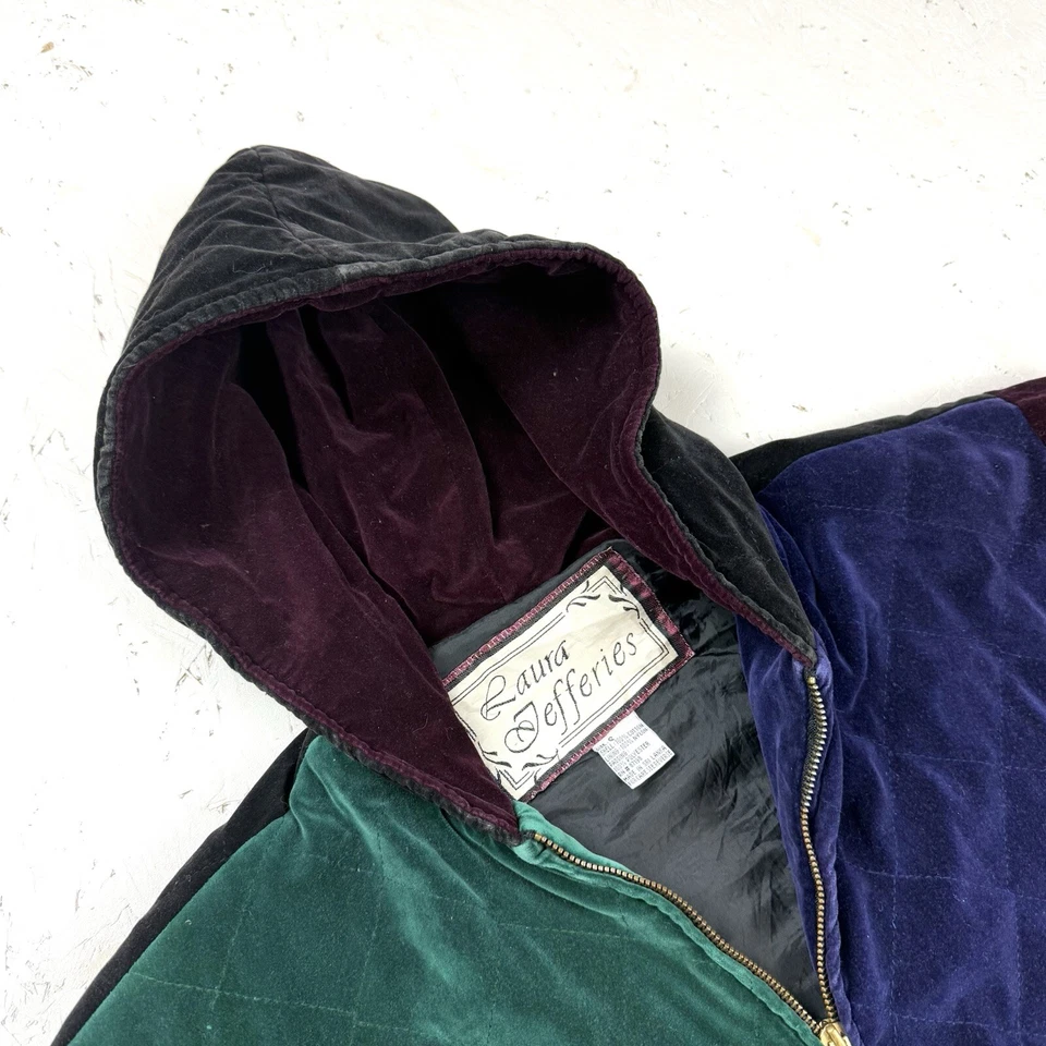 Laura Jeffries Vintage Velvet Feel Jacket Size S Cotton Hooded Full Zip 90s 80s - Image 4 of 4