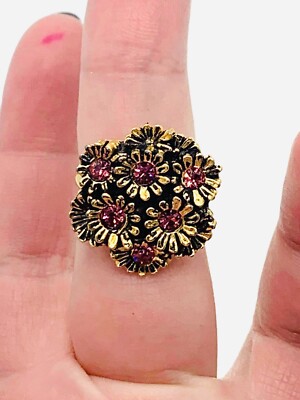 Vtg Avon? Gold Tone Hot Pink Glass Rhinestone Daisy Flower Ring Sz 7