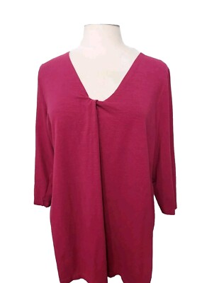 ULLA POPKEN Womens Top 16/18  Magenta Pink Knit 3/4 Sleeve Twist Knot Neck 