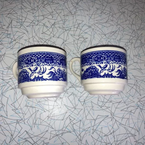 Three Vintage Blue Willow ware Pottery USA Coffee Cups Stackable Mugs