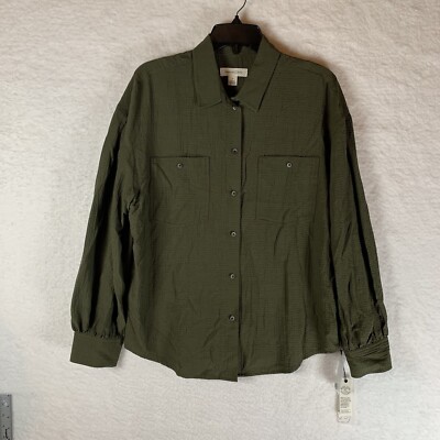 Treasure & Bond Women Olive Green Long Sleeve Button-Down Shirt M NWT 4722