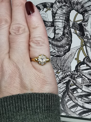 Vecchio taglio est. Anello margherita diamante 0,60 ct vintage, misura O 18 ct, oro 18 kt vittoriano - Foto 14 di 24