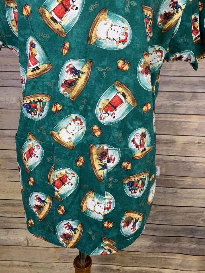 Crest Cotton Womens Small Scrub Top Christmas Snowglobe Print Holiday Unisex - Image 2 of 4