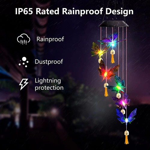 Solar Windspiel Kristall Schmetterling mit 6 Nahrung Wünsche Glocken Hof Garten Deko - Bild 6 von 8