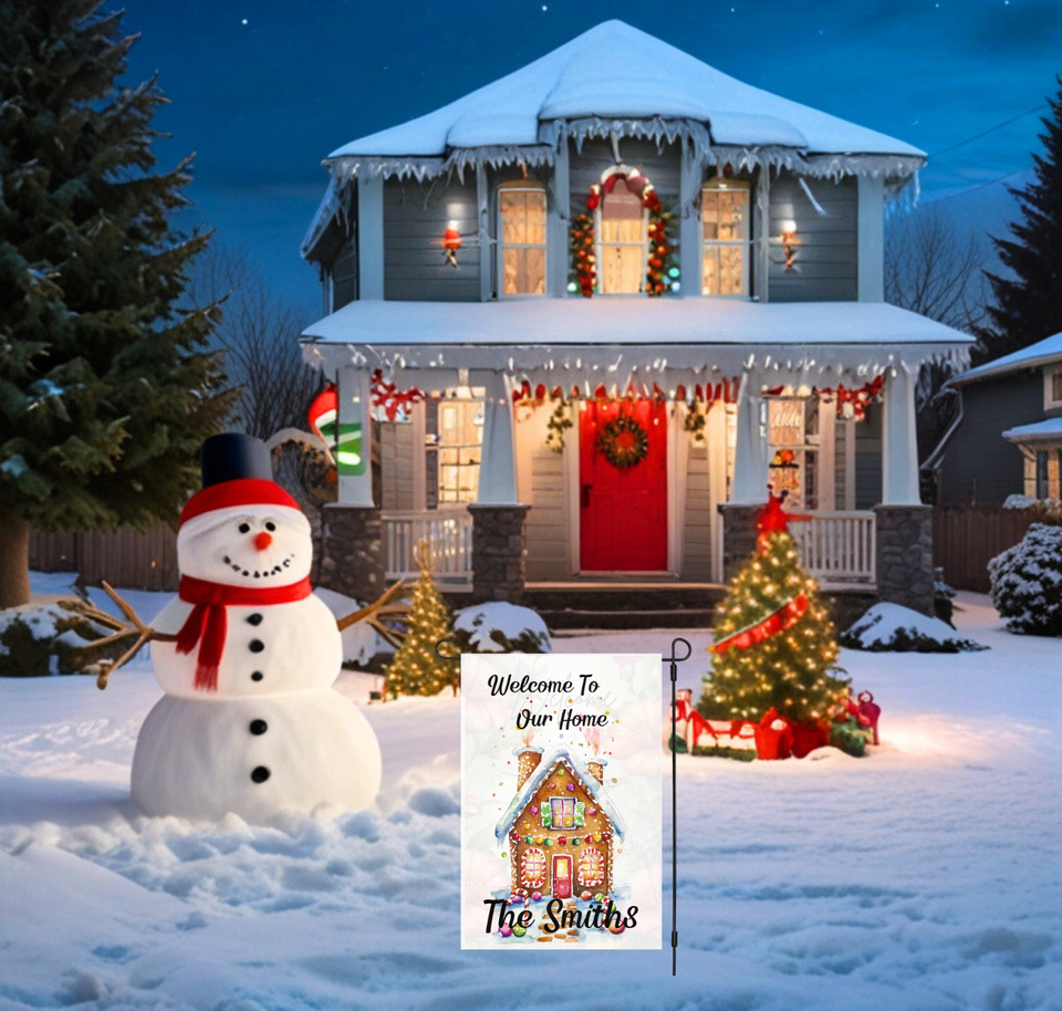 Personalized Gingerbread House Garden Flag to Our Home
