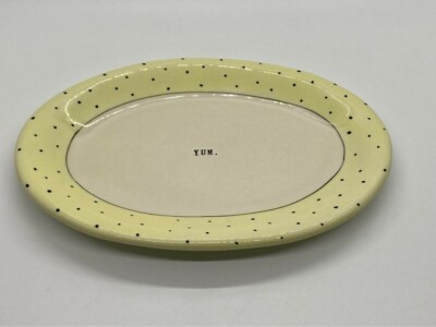 Rae Dunn Magenta Yum Oval Snack Plate w/Yellow Dot Trim Hard to Find Rare
