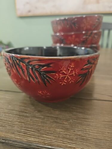 Northwoods Noel Red Pine Stoneware Bowls 6" Set of 4 ~ HTF ! - Picture 2 of 5