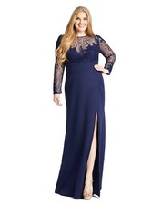 New Mac Duggal Lace Bodice Long sleeve Gown W/ Slit Sz 24W $498