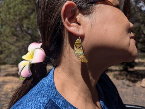 Zuni Corn Maiden Yellow Shell Kachina Dangle Earrings Handmade Southwest Jewelry - Picture 6 of 10