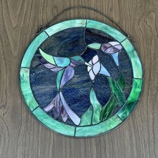 Vintage Leaded Stained Glass Suncatcher Hummingbird Tulip Green 12" Diameter