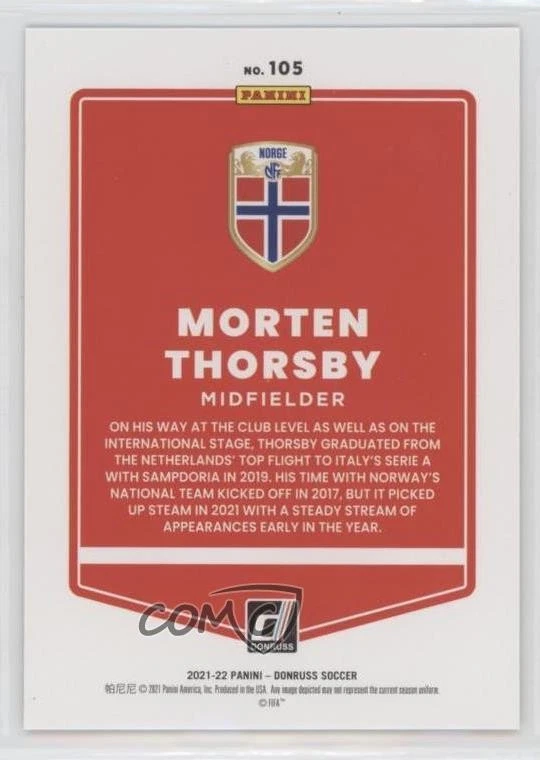 2021-22 Panini Donruss Road to Qatar Holo Gold Laser /10 Morten Thorsby #105 - Image 2 of 2