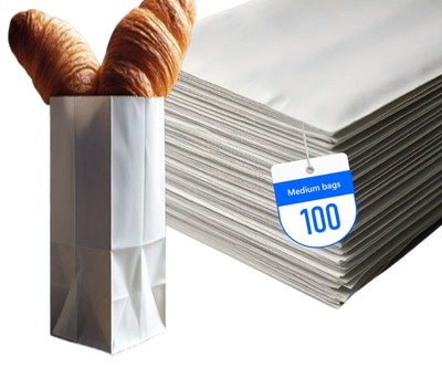 100 Pack 8LB White Paper Bags 6.1x4.1x12.4'' for Takeout Orders Lunch Bags