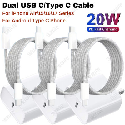 Fast Charger Type C Cable USB-C PD 20W Block For iPhone 17 16 15 Pro 16e Samsung