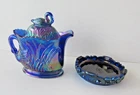 Westmoreland Glass Swan Creamer Iridescent Blue & Fenton Blue Carnival Base Dish