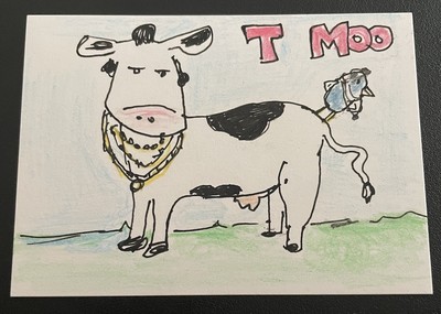 ACEO Original Art Card: Cute Cow With Blue Bird; T Moo; Farm; Mr. T; Cow Print