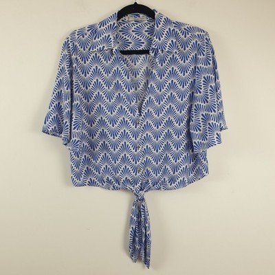 Mango Top Damen Gr. M blau geblümt Viskose Bluse Cropped Bindekragen Sommer