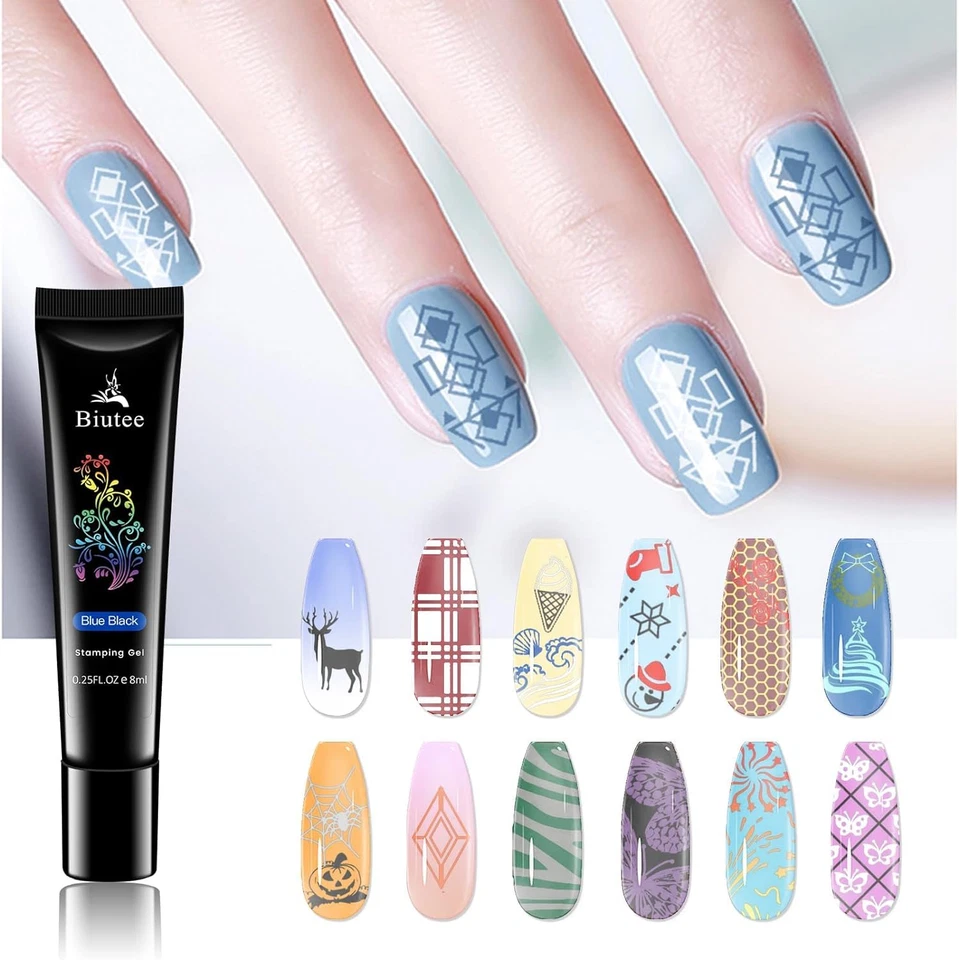 Juego de gel de esmalte de uñas Biutee - Kit de impresión de uñas de sello de 12 colores - Rojo, negro Foto 3 de 4