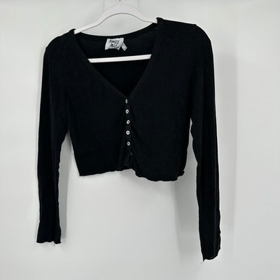 Princess Polly Women Y2K Cropped Henley Baby Tee Size 4 Black Ribbed Lettuce Hem