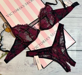 Victoria's Secret Bra Set Rose Unlined Low-Cut Demi Garter Cut Out Thong Set