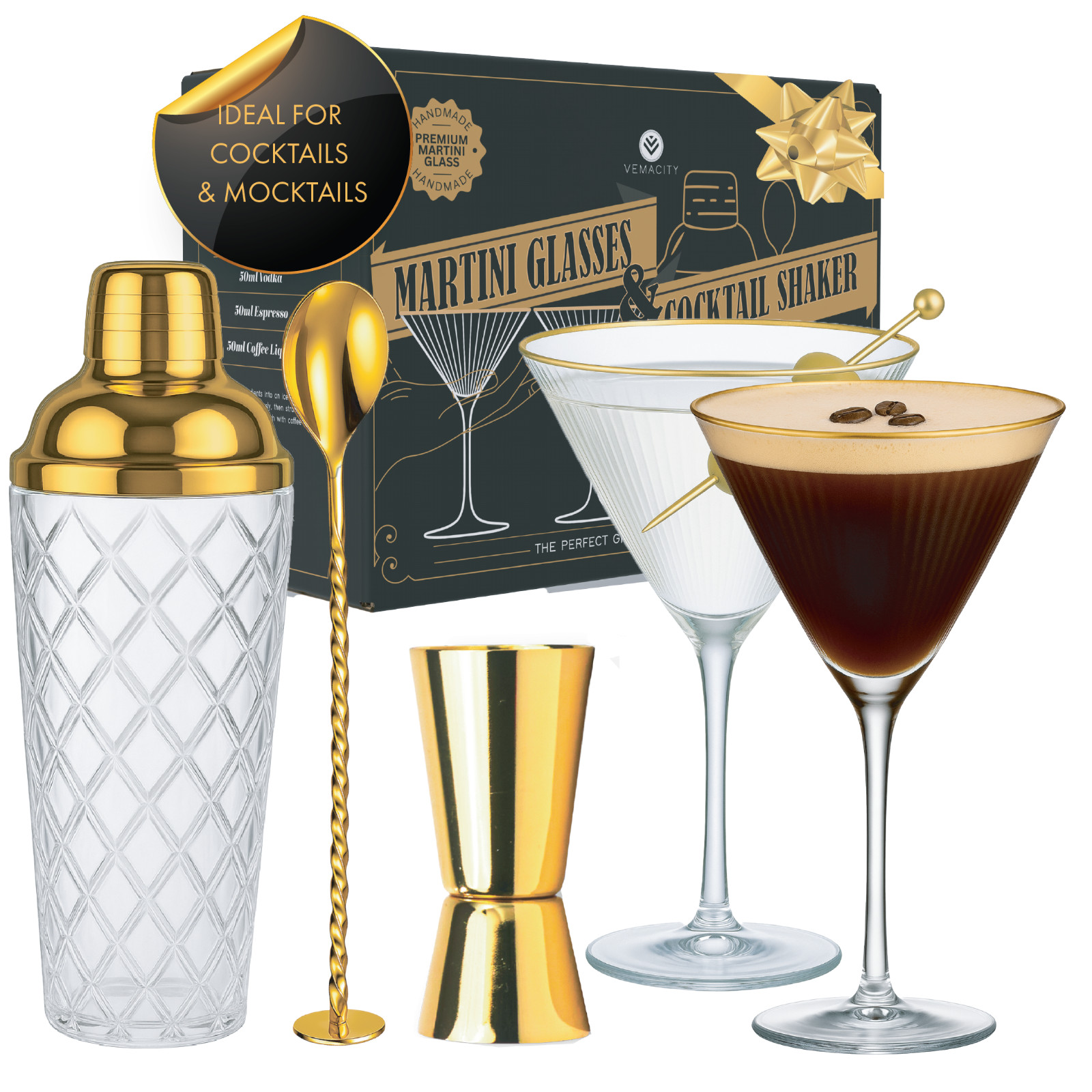 Gold Cocktail Shaker Set + Ribbed Martini Glasses: Glass Shaker & Bar Tools