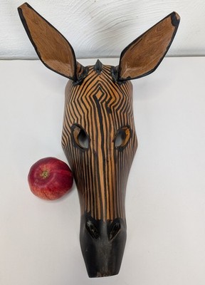 Vintage afrikanische Stammeskunst handgeschnitzt Holz Zebra Gesichtsmaske Wandbehang 14 Zoll