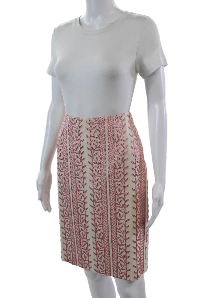 Falda lápiz bordada blanca rosa talla 2 Nicole Miller Collection para mujer Foto 2 de 4