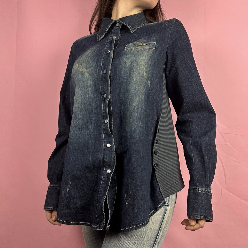 Mariagrazia Panizzi Euro Y2K Italy Distress dark Denim Shirt sz 42 medium - Image 4 of 4