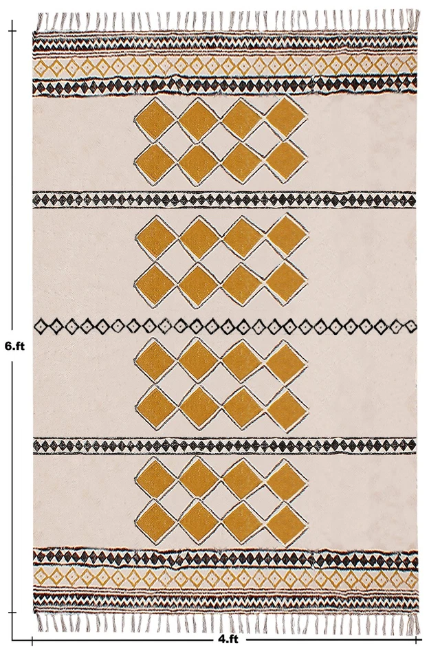 Tapis En Coton Tissé À La Main D'Accent Marocain Jaune Pour Salon - Photo 3/4