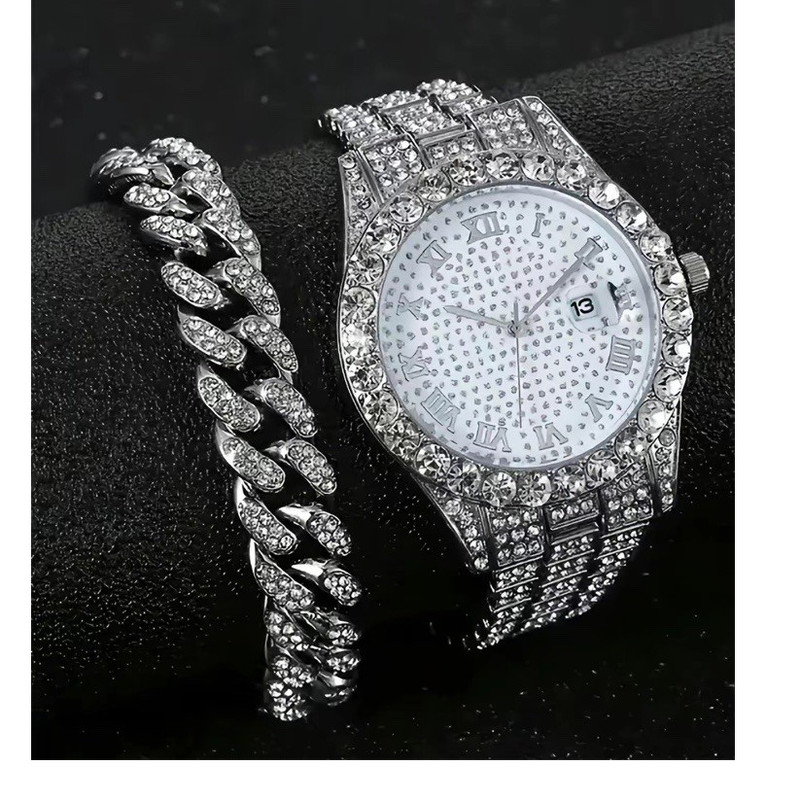Men's Silver Metal Rhinestone Watch and Bracelet Jewelry Set, Clear Stones