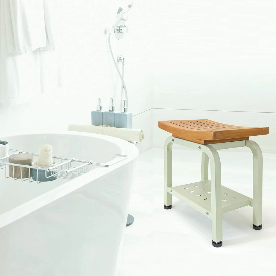 Bali Shower Bench Teak & Aluminum Bath Stool Chair Side Table Light Sage - Image 3 of 4