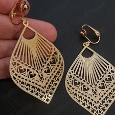 7cm long CLIP ON EARRINGS teardrop ANTIQUE STYLE gypsy drop GOLD TONE metal