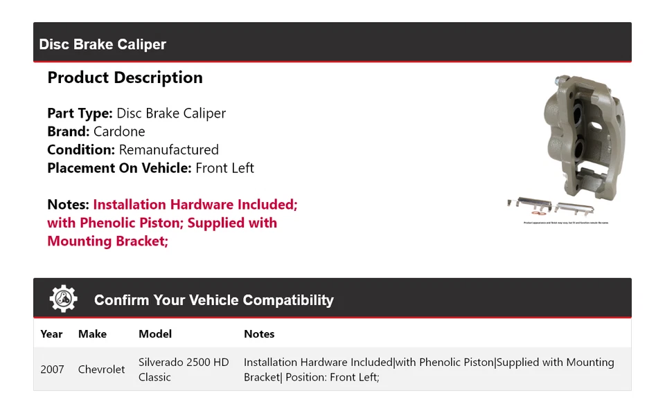 Pinza de freno de disco clásica para Chevrolet Silverado 2500 HD 2007 Fr izquierda Cardone Foto 2 de 4