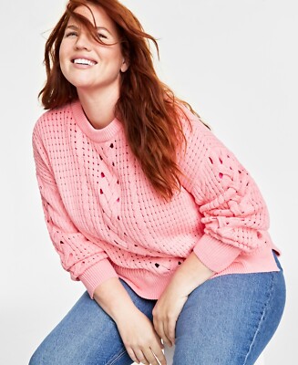 On 34th Plus Size Crewneck Spring Cotton-Blend Cable-Knit Sweater - Salmon Rose