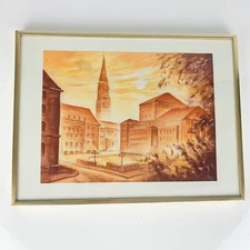 Vintage Signed German Houses Tower Street Scene Realist Framed Watercolor 1982