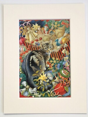 LESLEY ANNE ELFENBEIN KATZE - kleines Vintage Farbbuchteller - montiert für Rahmung
