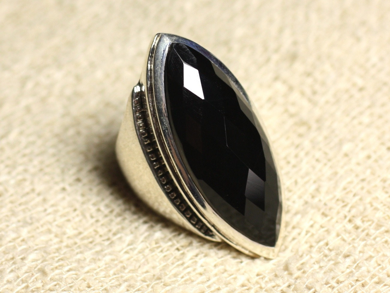 Bague argent 925 onyx noir facetté marquise 34x14mm grand anneau femme ajustable