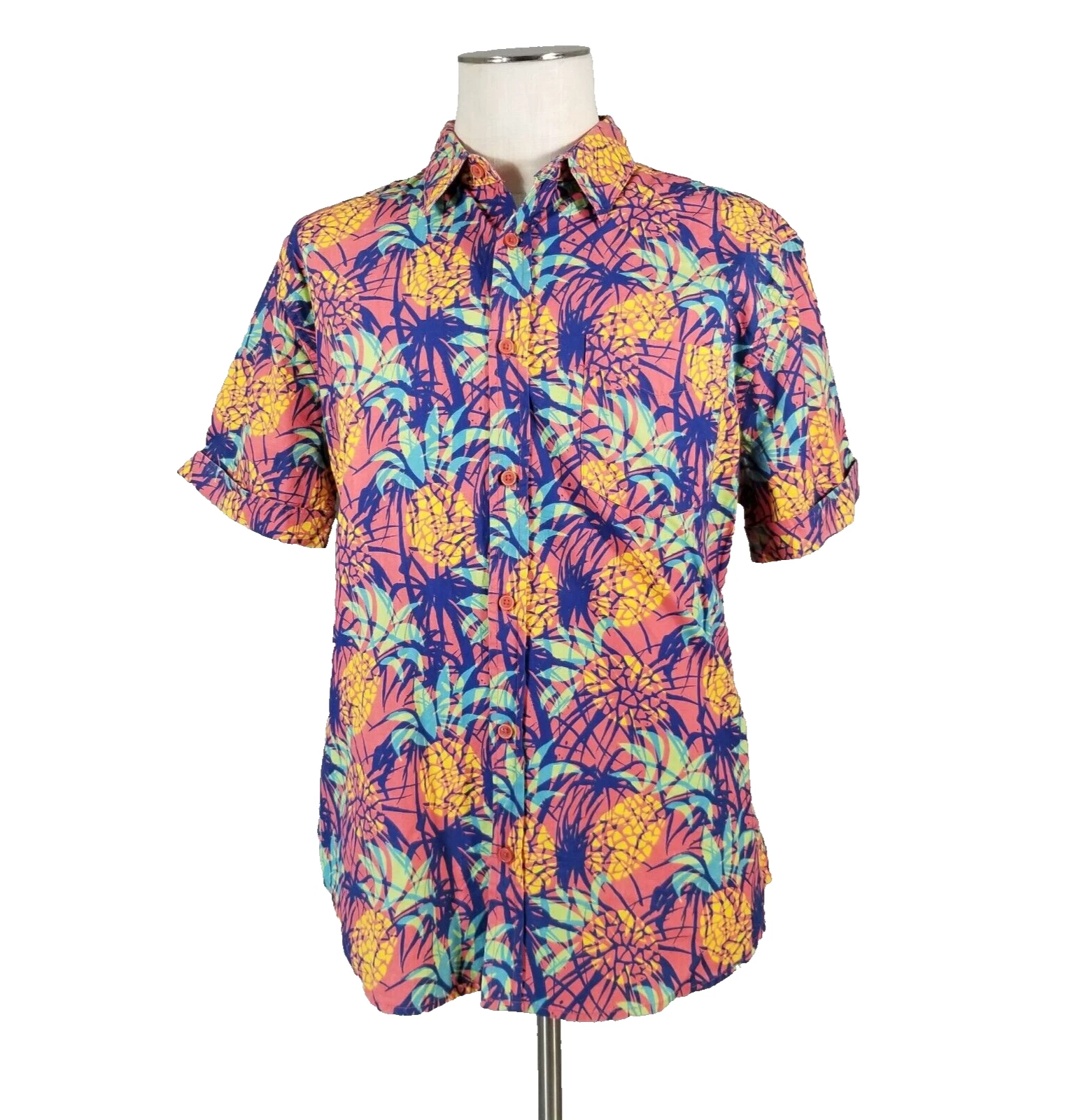 Joe Marlin Hawaiian shirt men's large pink cotton tapered slim fit short sleeve