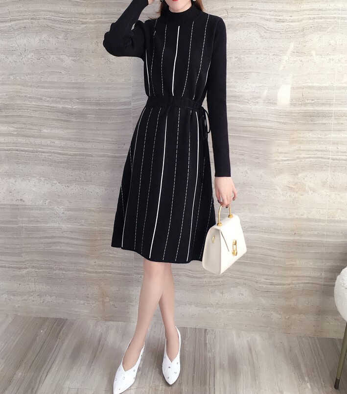 chinese dress ladies Sweater Dresses for Women Trendy Fall Long Sleeve V Neck with Belt Knit  Pleated A Line Pullover Sweater Dress Long Autumn Winter Cashmere Business  Casual Plus Size Bodycon DressAC-1303-Blue-S at Amazon Women's