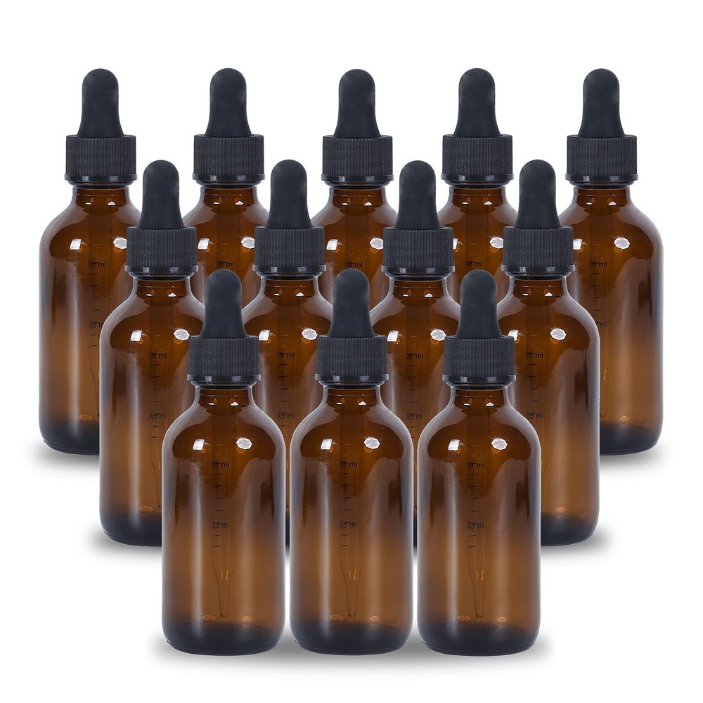 2 oz Dropper Bottle 12 Pack Amber Glass Boston Bottles 30ml with Eye Droppers...