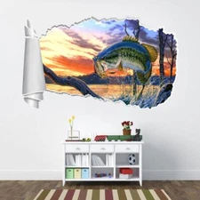 Large Mouth Bass 3D Torn Hole Ripped Wall Sticker Decal Art Fish Animals WT311