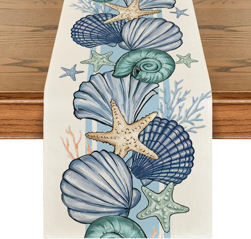 Sea Shell Starfish Summer Table Runner, Seasonal Spring Ocean Kitchen Dining Tab